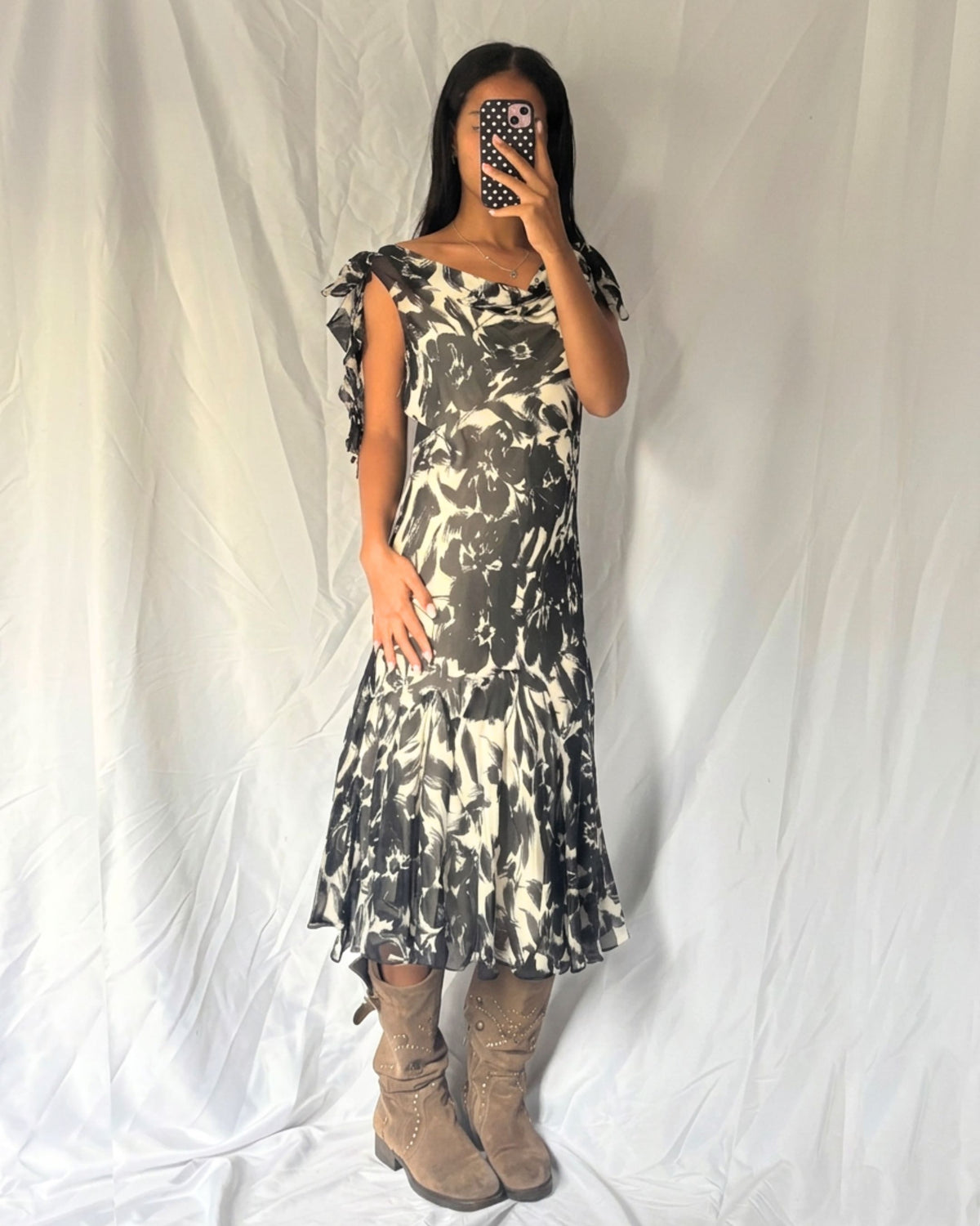 Vintage Long Silk Ruffle Dress