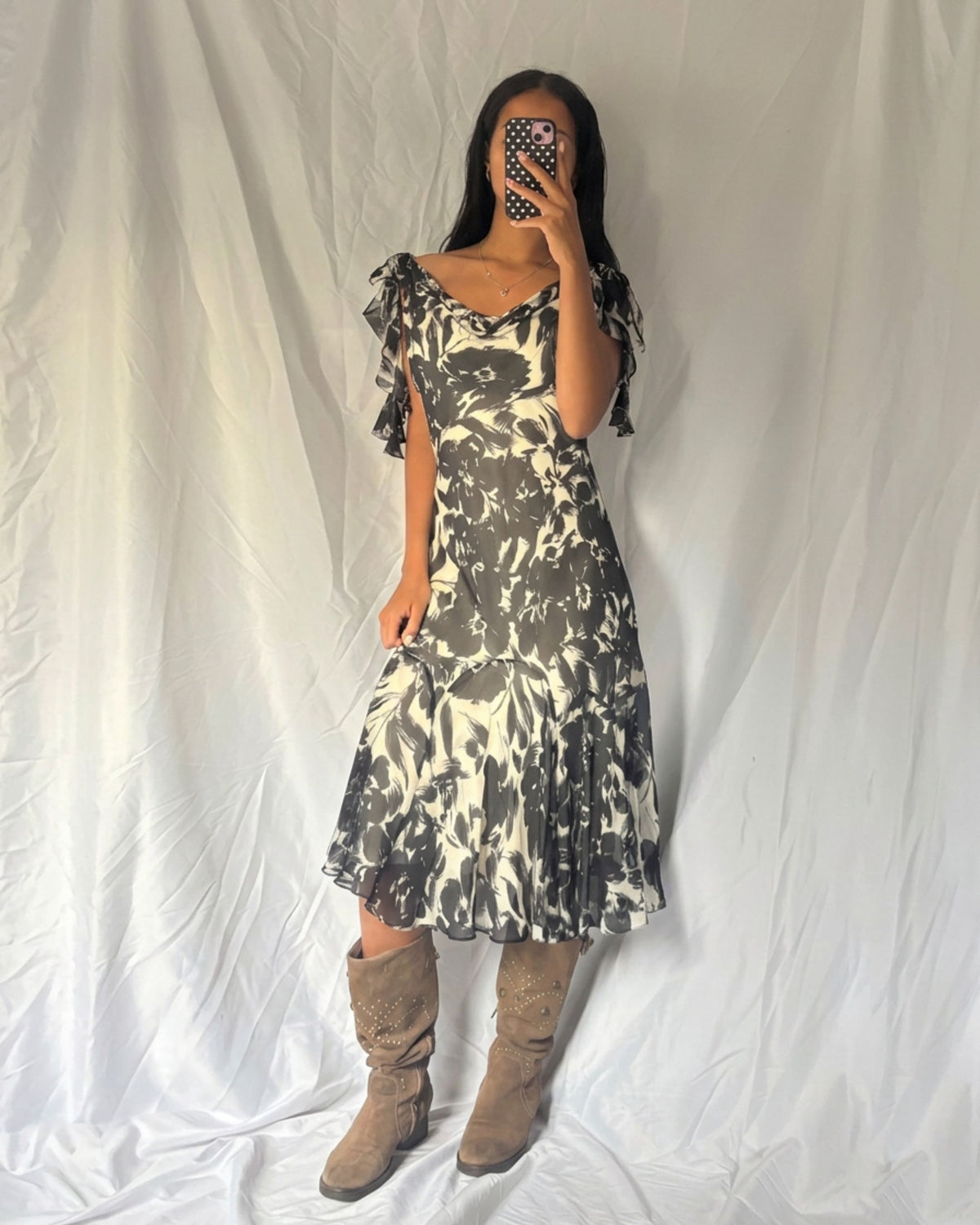 Vintage Long Silk Ruffle Dress