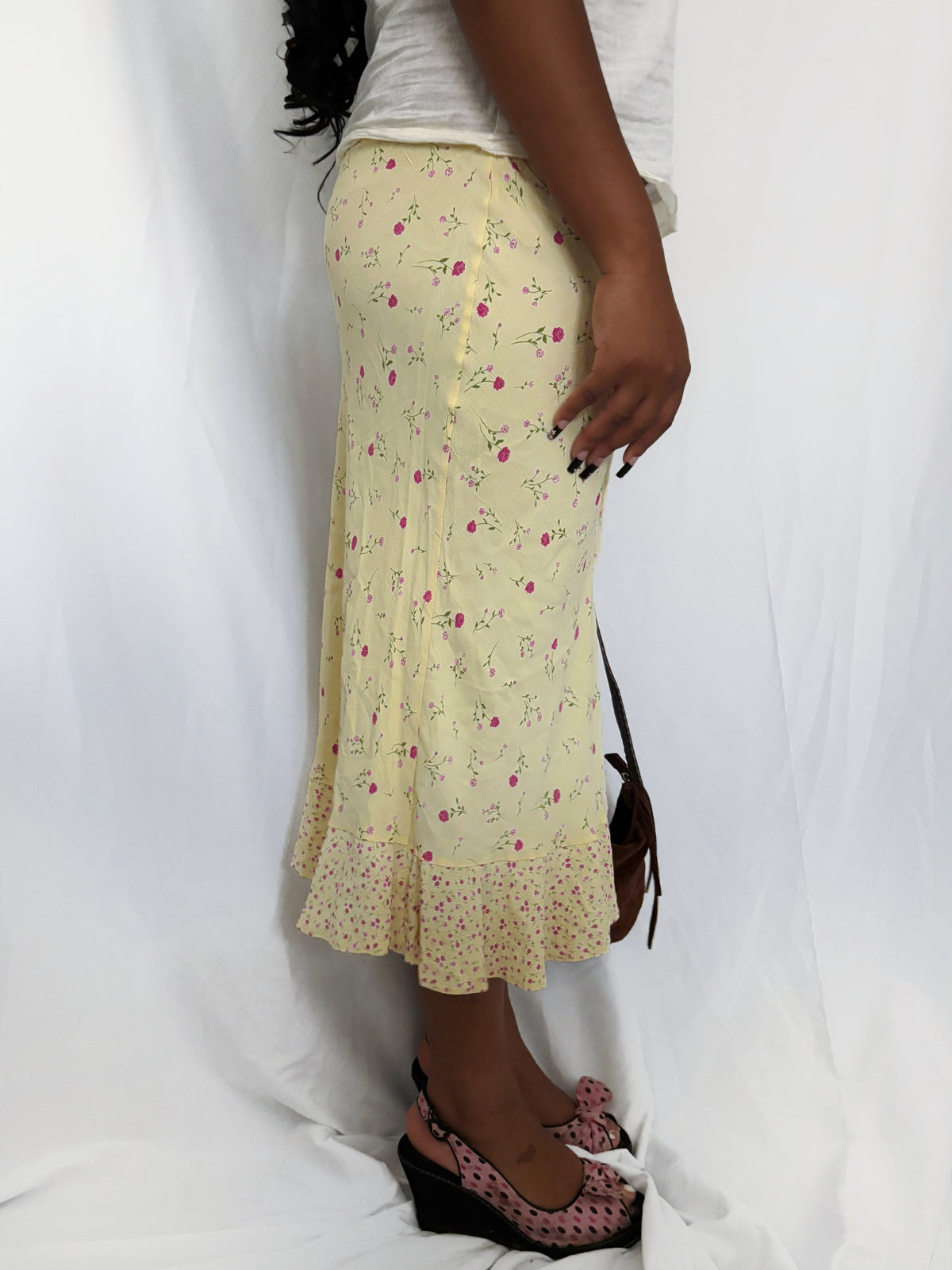 Vintage 00's Baby Yellow Floral Midi Skirt