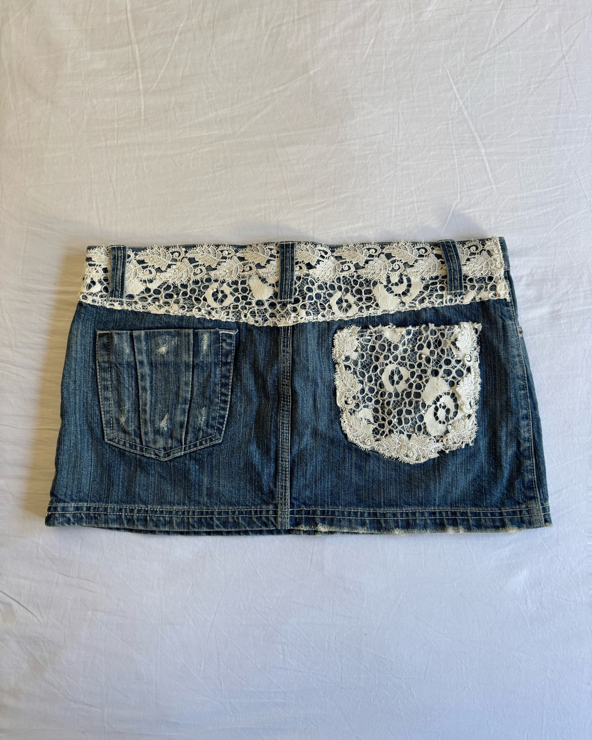 Vintage Lace Embroidered Denim Mini Skirt