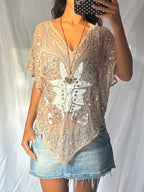 Vintage 00's Beaded Sequin Butterfly Top