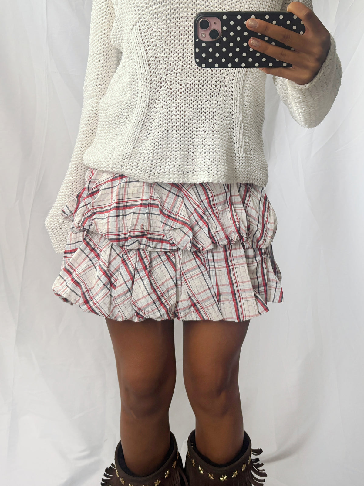 Vintage Red Check Ruffle Mini Skirt