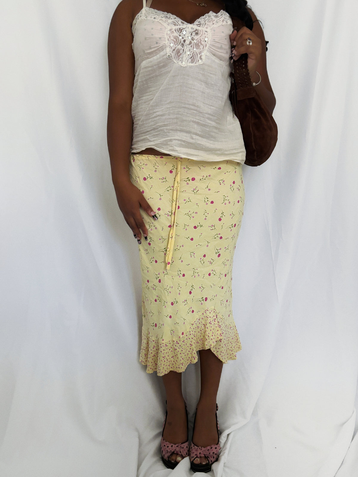 Vintage 00's Baby Yellow Floral Midi Skirt