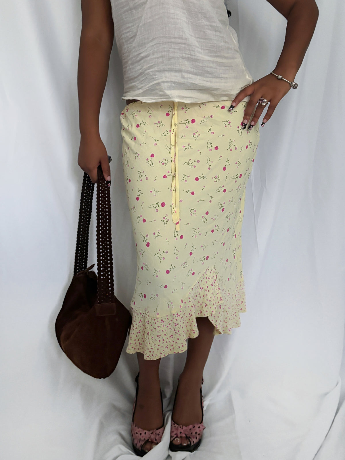 Vintage 00's Baby Yellow Floral Midi Skirt