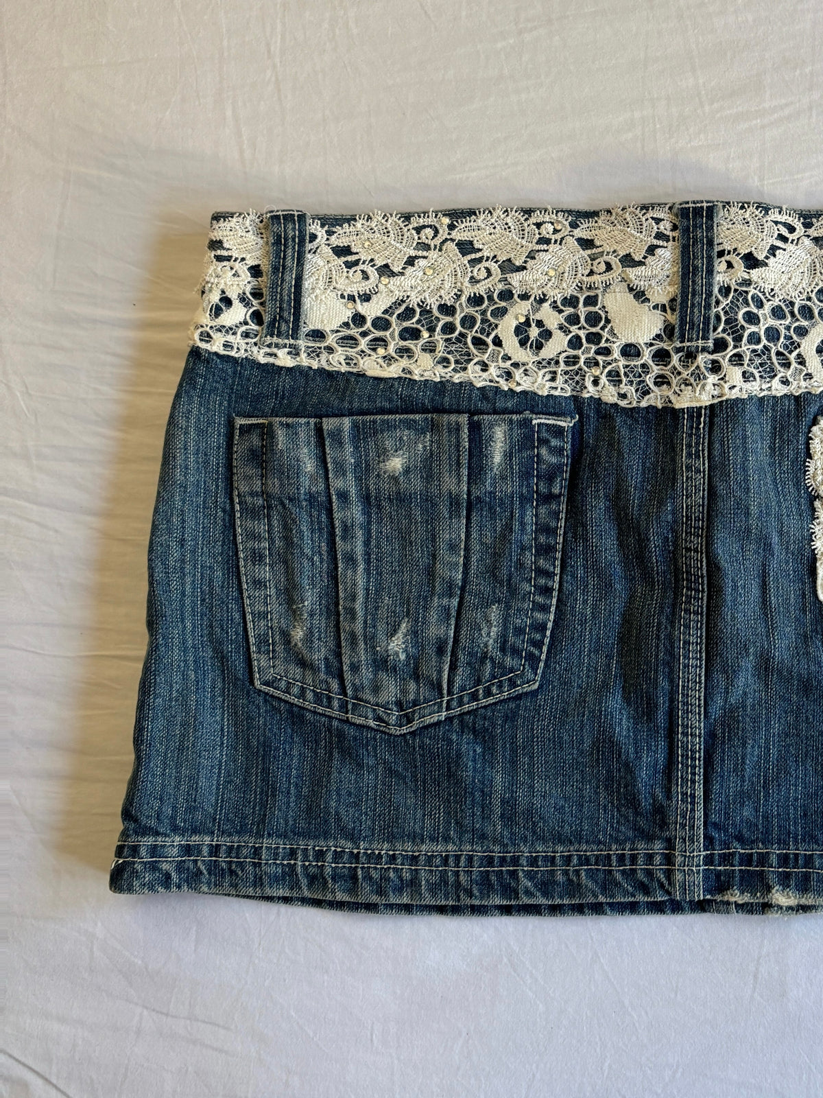 Vintage Lace Embroidered Denim Mini Skirt