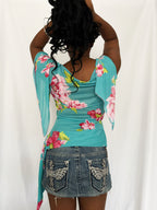 Vintage 00's Teal Floral Boatneck Top