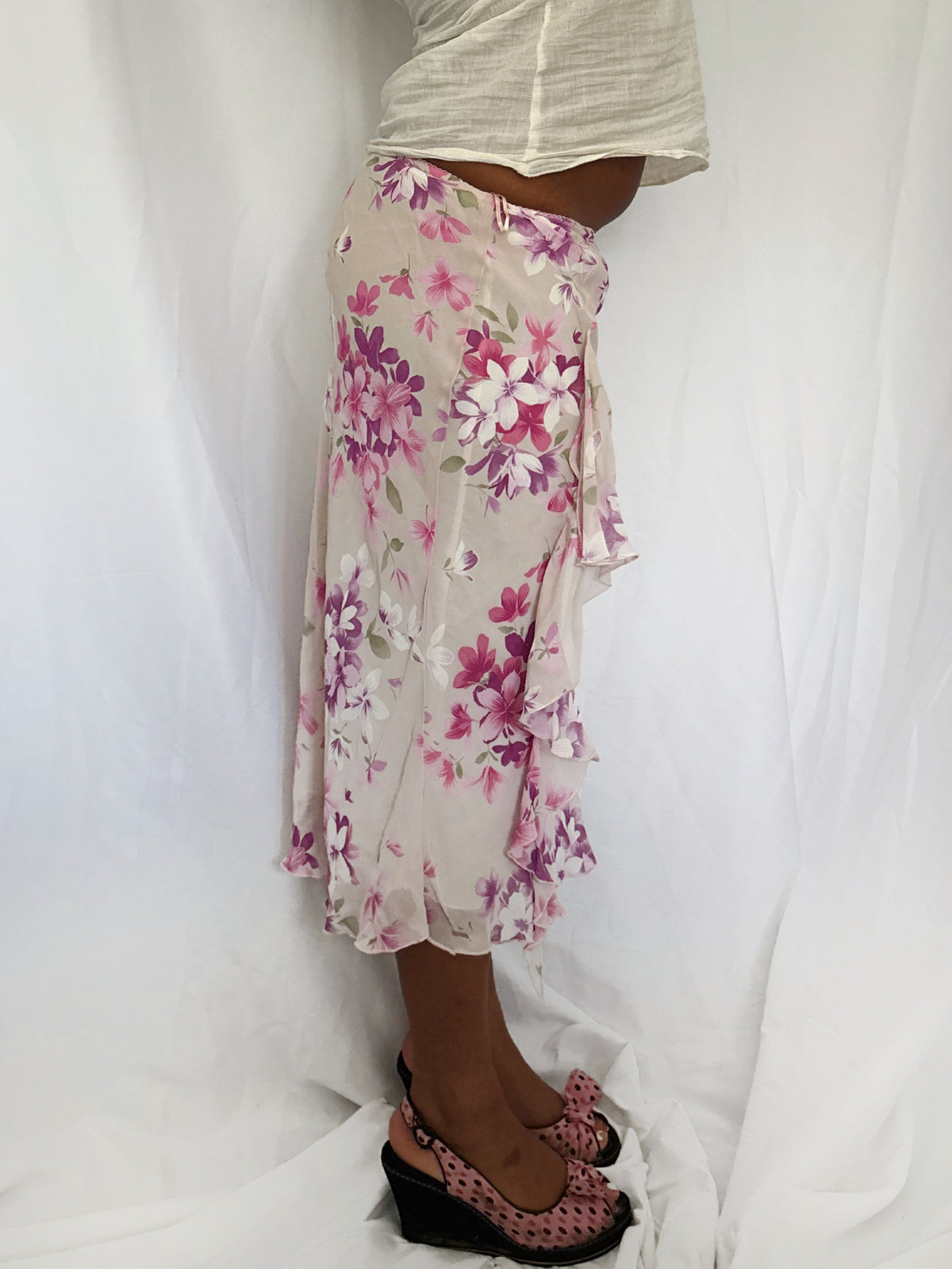 Vintage 00's Floral Ruffle Midi Skirt