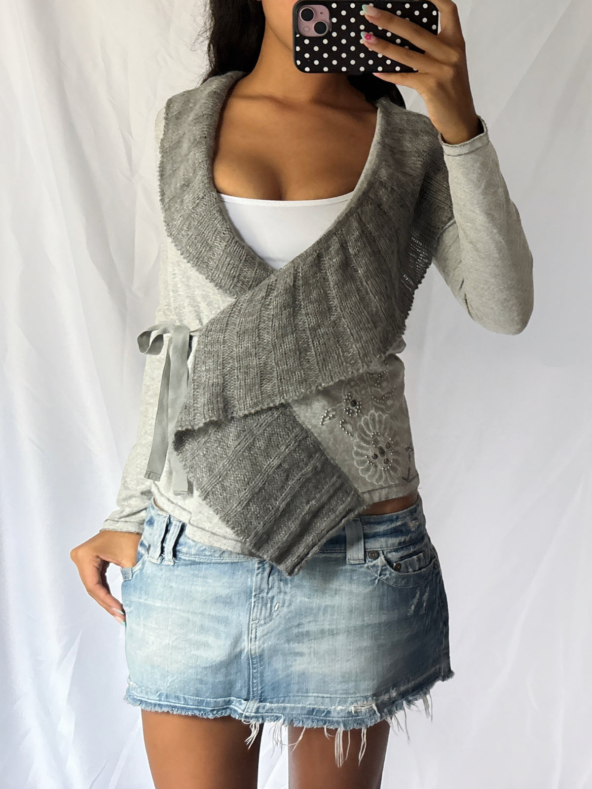 Vintage Grey Wrap Tie Beaded Cardigan