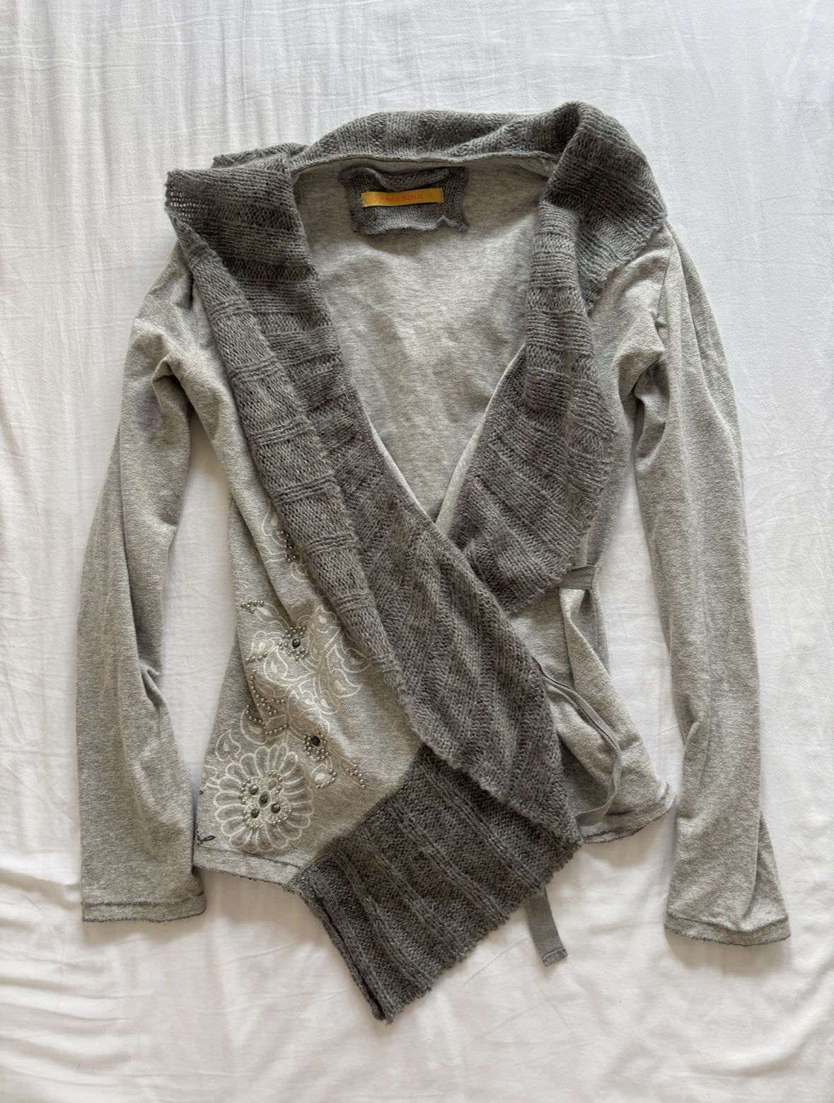 Vintage Grey Wrap Tie Beaded Cardigan