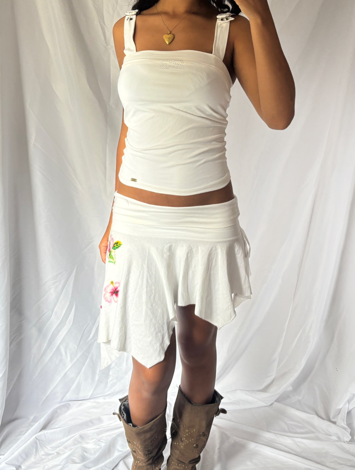 2000's Floral Rhinestone White Asymmetric Set