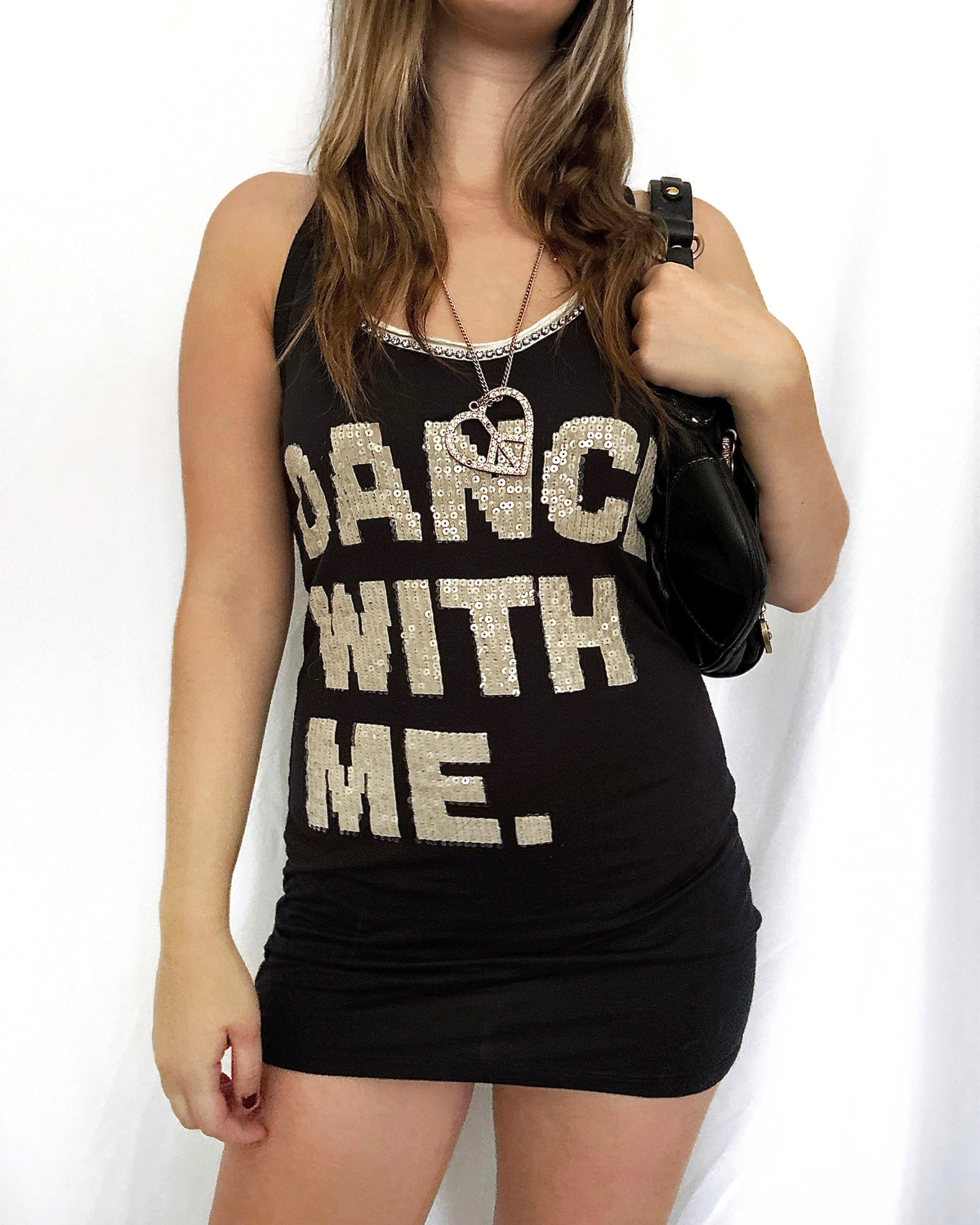 2000's Black Slogan Beaded Mini Dress